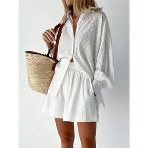 Commense White Textured Oversized Beach Shirt and Shorts Set Summer Vacation‎ XS